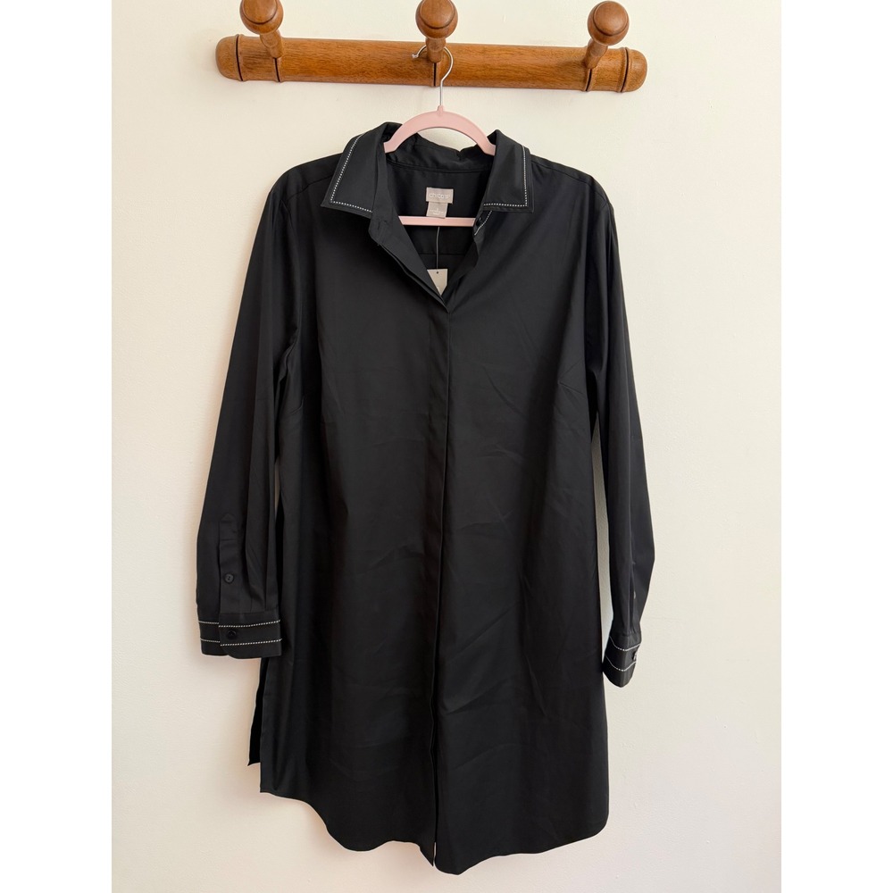 Chicos Black Poplin Long Tunic Shirt Contrast Stitching Size 3 XL 16/18 NEW